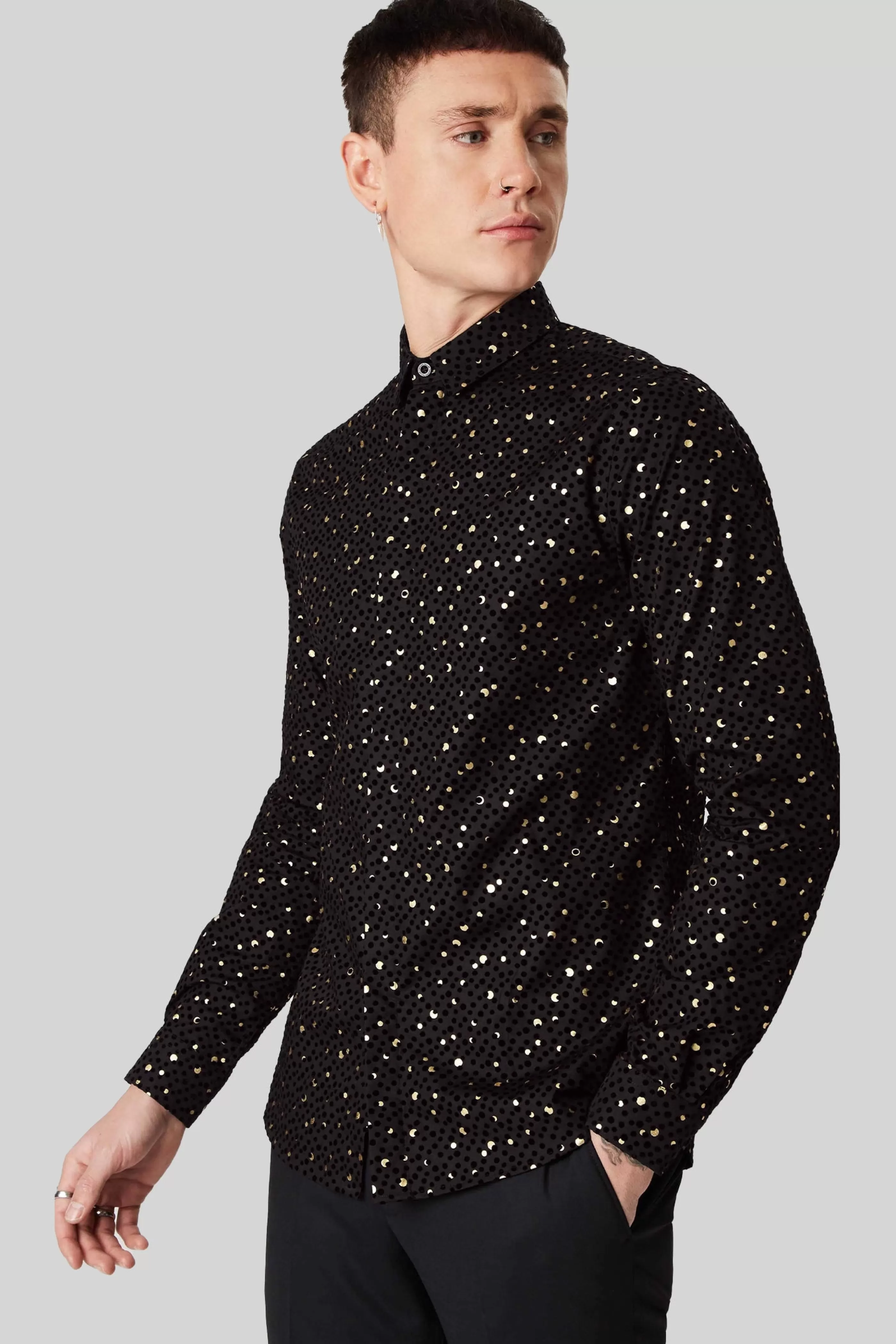 Farrow Black Skinny Fit Shirt With Black And Gold Spot Print | Twisted Tailor Store