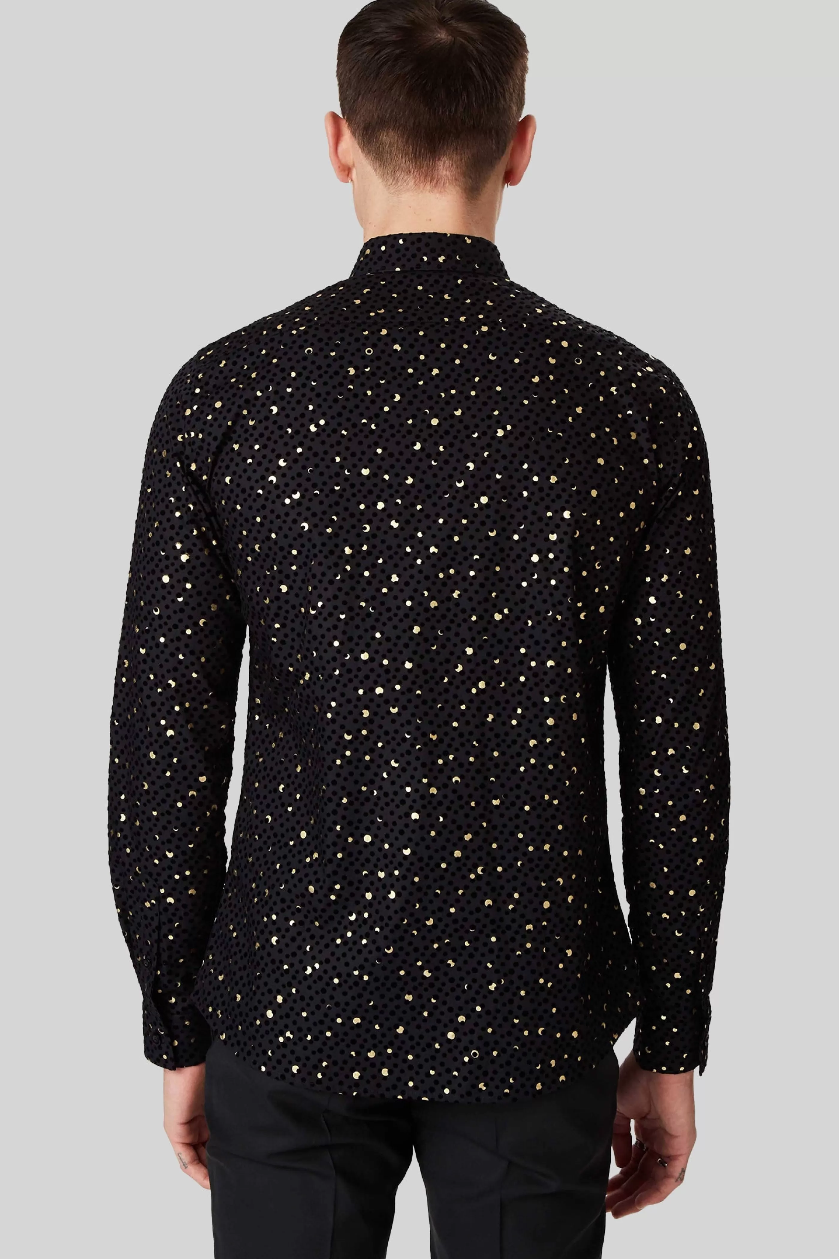 Farrow Black Skinny Fit Shirt With Black And Gold Spot Print | Twisted Tailor Store