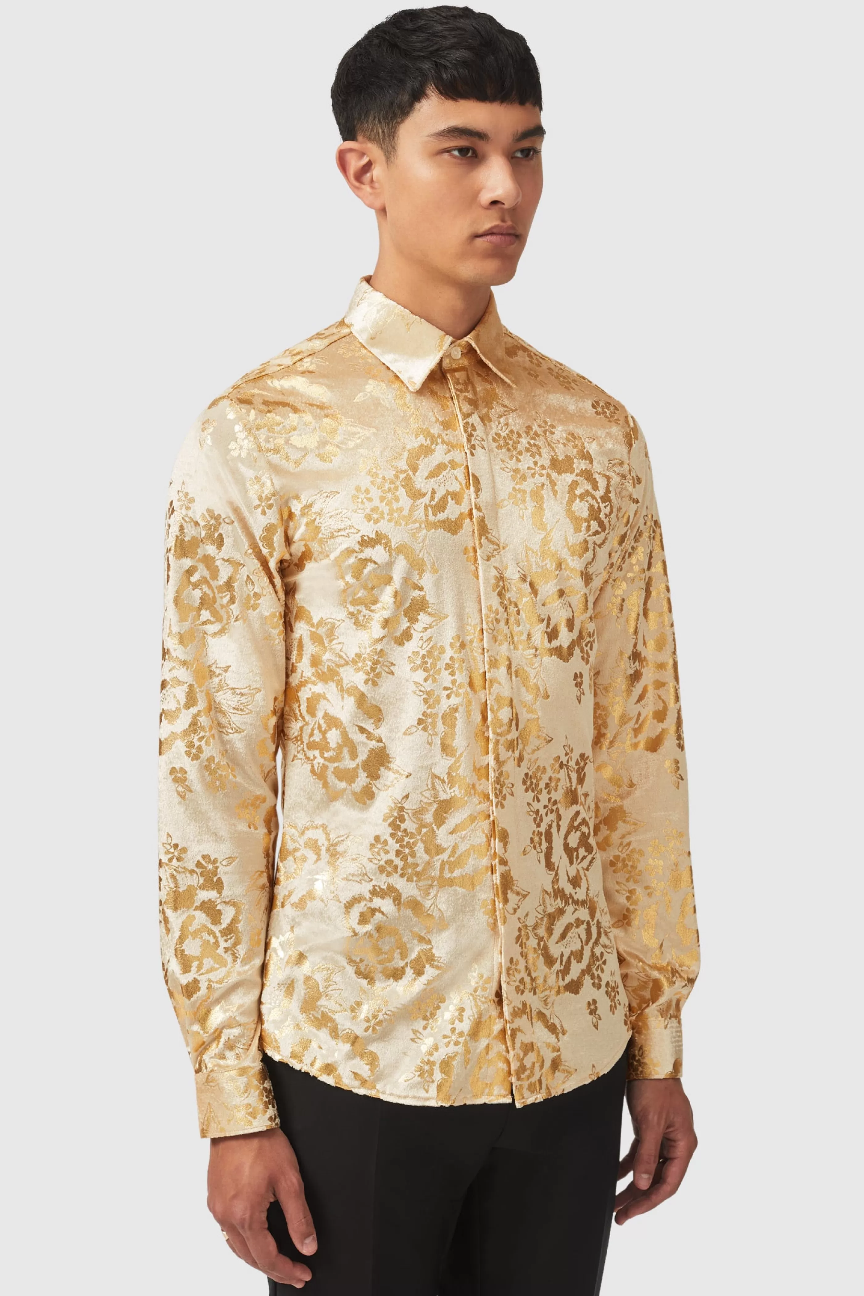 Gaines Slim Fit Champagne Velvet Shirt With Floral Print | Twisted Tailor Online