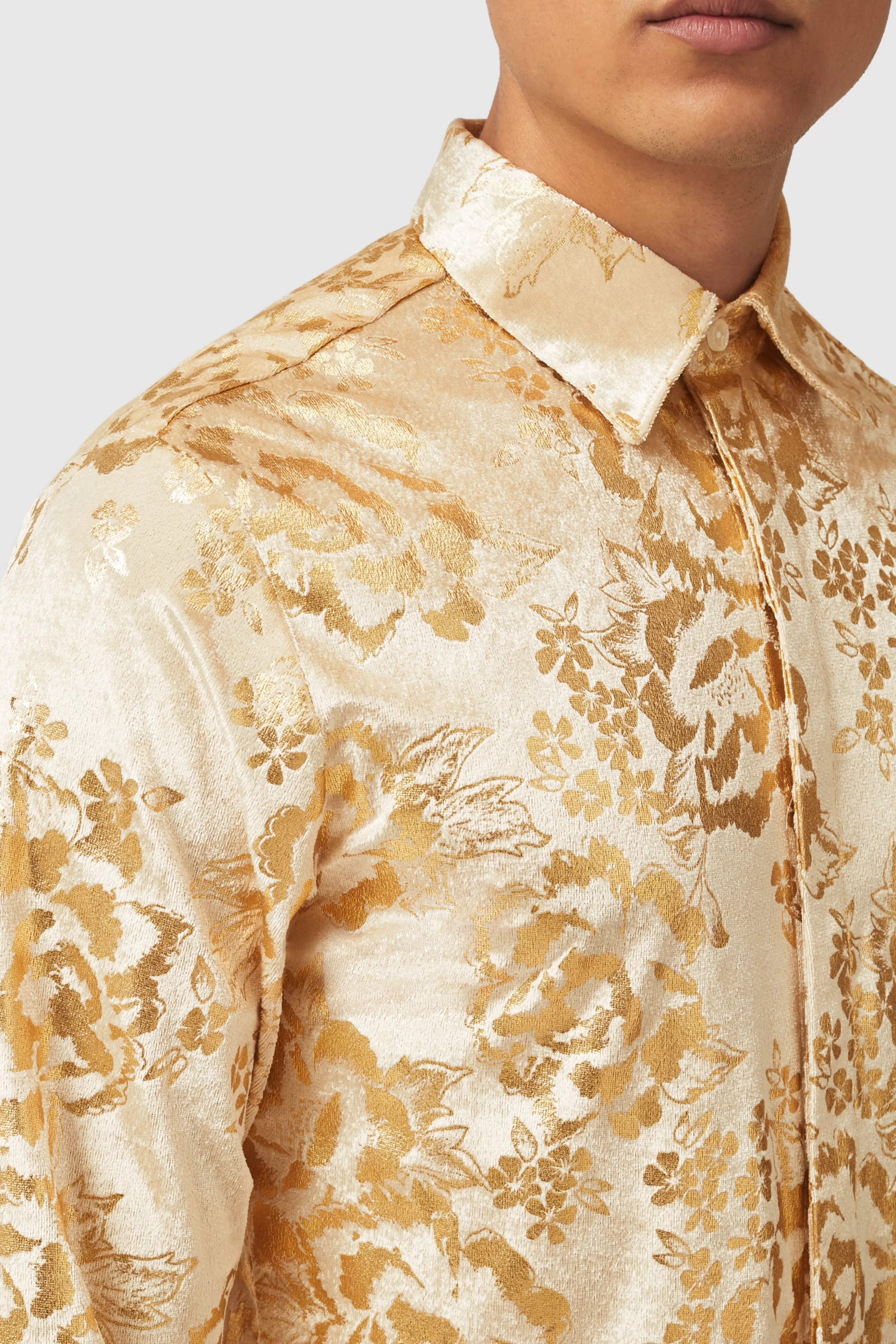 Gaines Slim Fit Champagne Velvet Shirt With Floral Print | Twisted Tailor Online