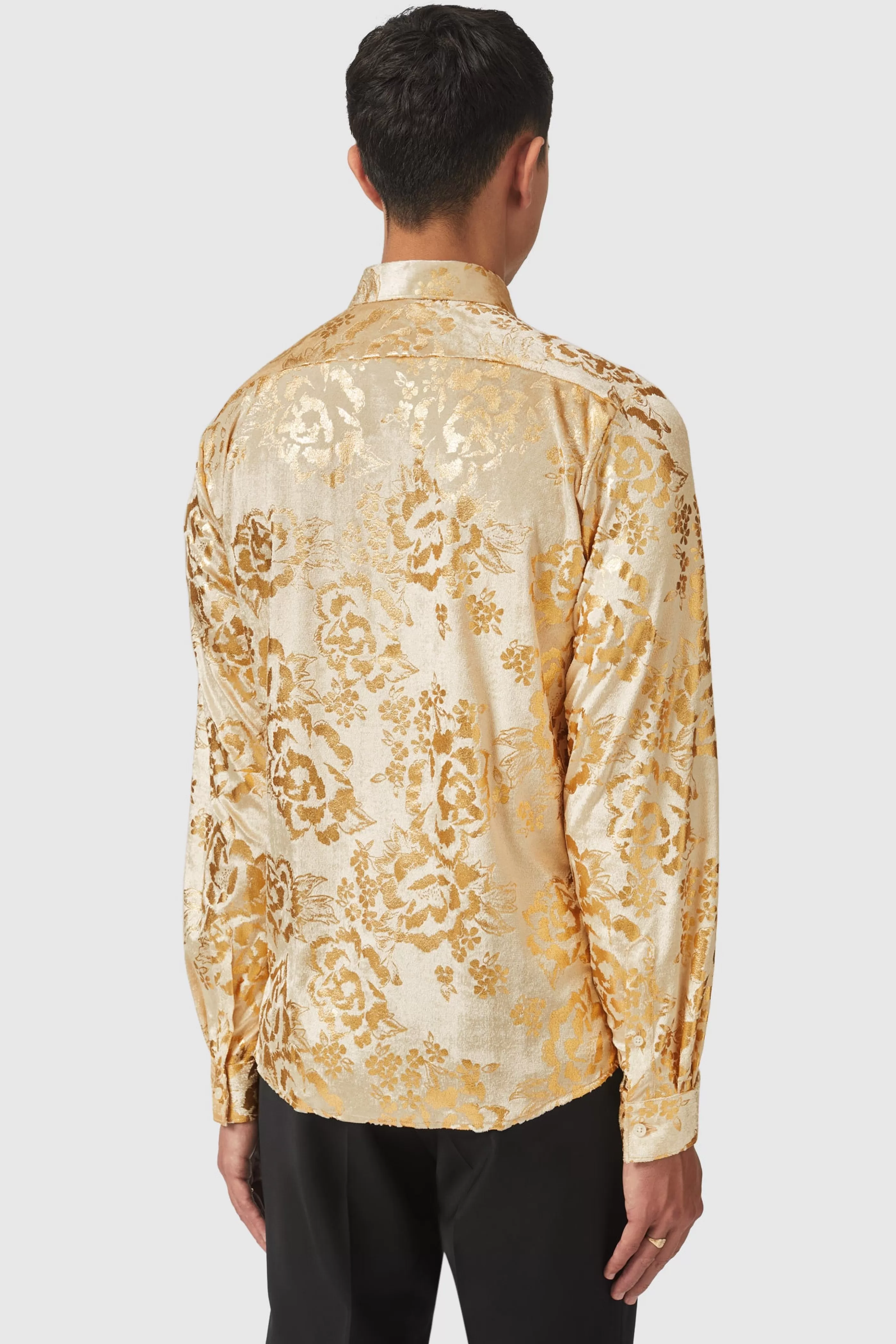 Gaines Slim Fit Champagne Velvet Shirt With Floral Print | Twisted Tailor Online